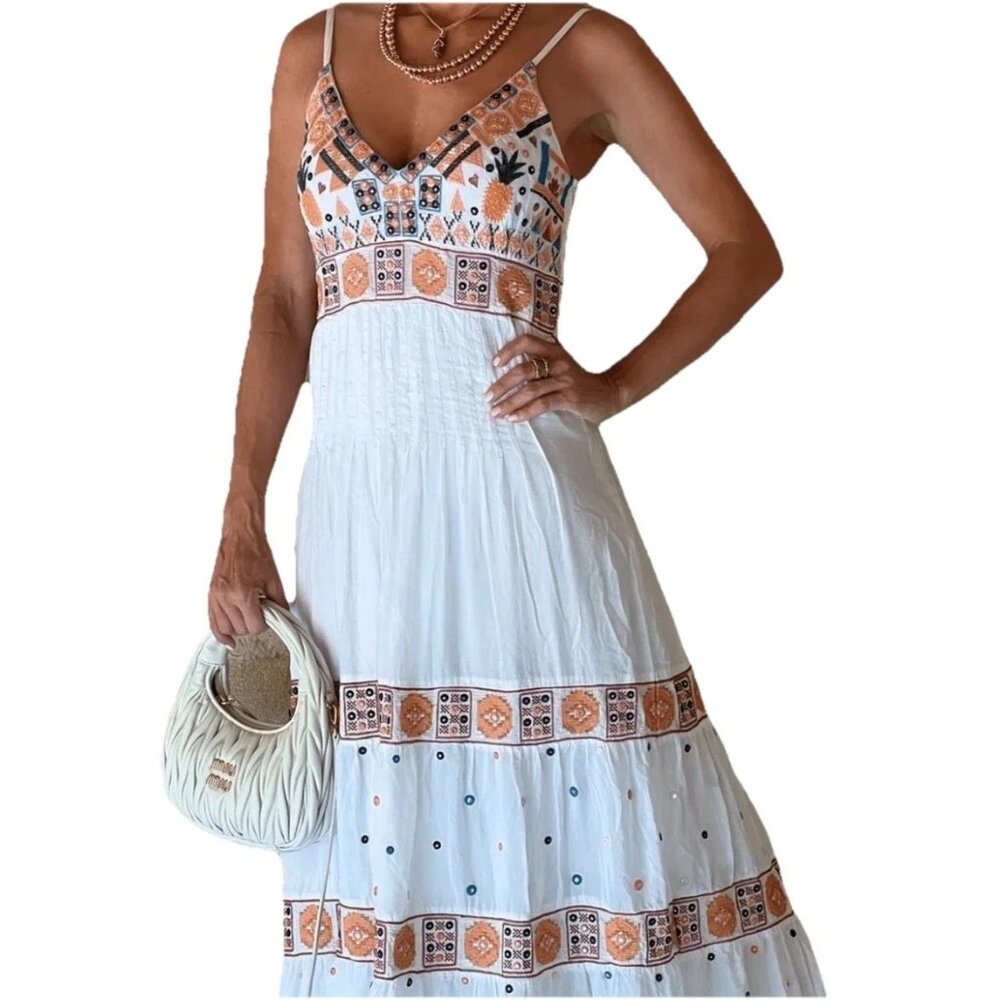 GUADALUPE White "Moana" Embroidered Boho Maxi Dress Sz S
